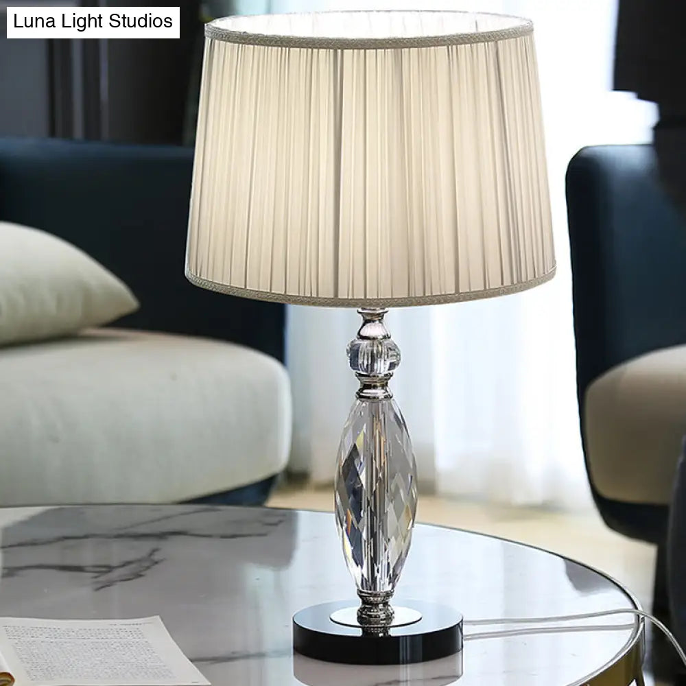 Minimalist Drum Nightstand Lamp With Crystal Base - Grey/Blue Fabric Shade Parlor Or Desk Light