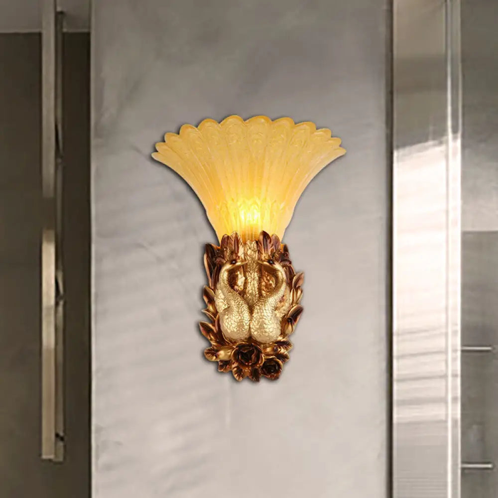 Phoenix Wall Lamp: Traditional Style 1 Head Resin & Amber Glass Sconce Light Gold Finish - Ideal For