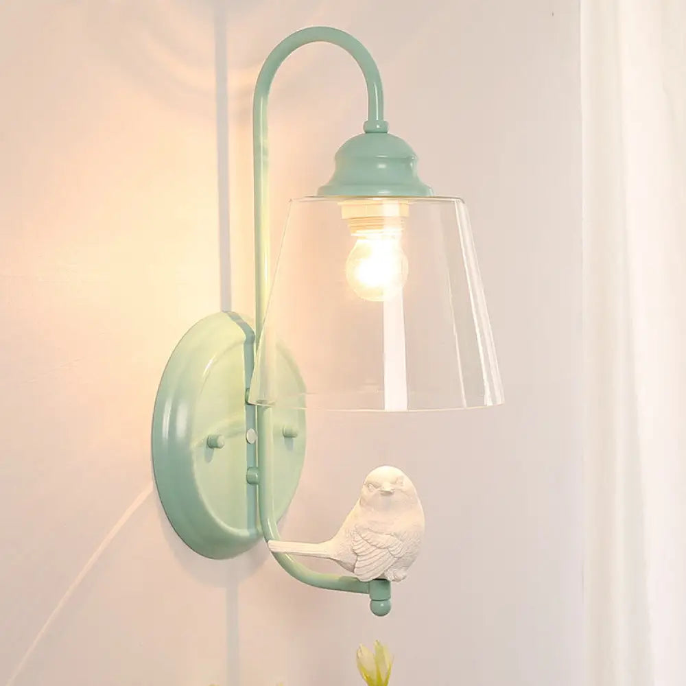 Pigeon Deco Tapered Wall Sconce With Modern Metal Shade Single Head Light Green / Glass