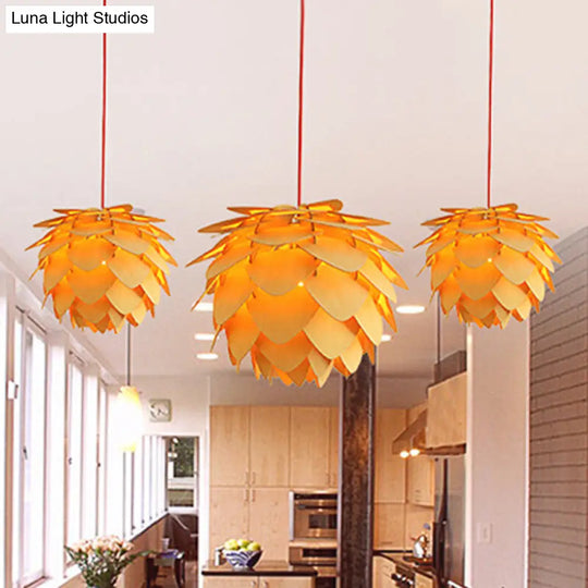 12/18 Country Style Pine Cone Pendant Lamp With Wood And Beige Suspension Light For Dining Table