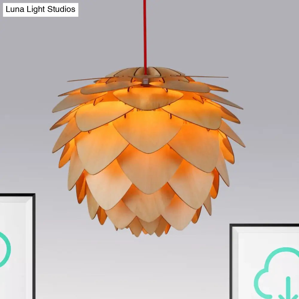 12/18 Country Style Pine Cone Pendant Lamp With Wood And Beige Suspension Light For Dining Table