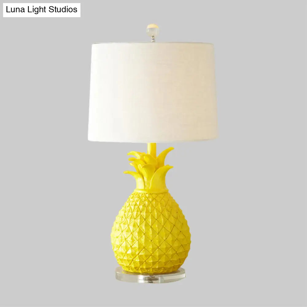 Pineapple Night Light: Resin Cartoon Table Lamp With Drum Fabric Shade 1 Bulb White/Yellow Glow