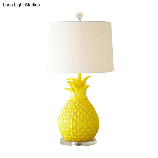 Pineapple Night Light: Resin Cartoon Table Lamp With Drum Fabric Shade 1 Bulb White/Yellow Glow