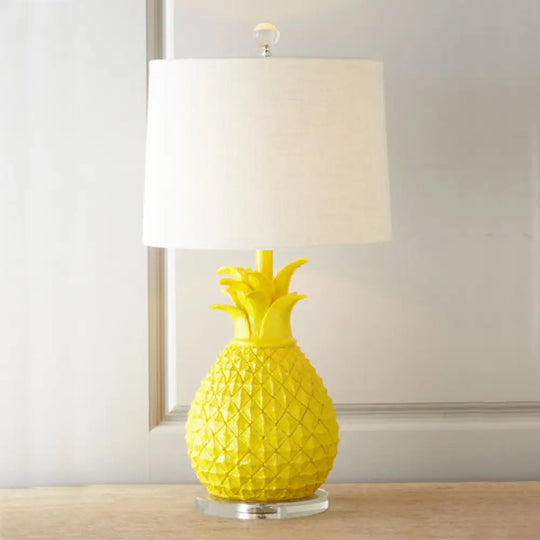 Pineapple Night Light: Resin Cartoon Table Lamp With Drum Fabric Shade 1 Bulb White/Yellow Glow