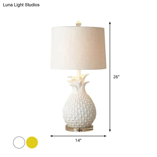 Pineapple Night Light: Resin Cartoon Table Lamp With Drum Fabric Shade 1 Bulb White/Yellow Glow