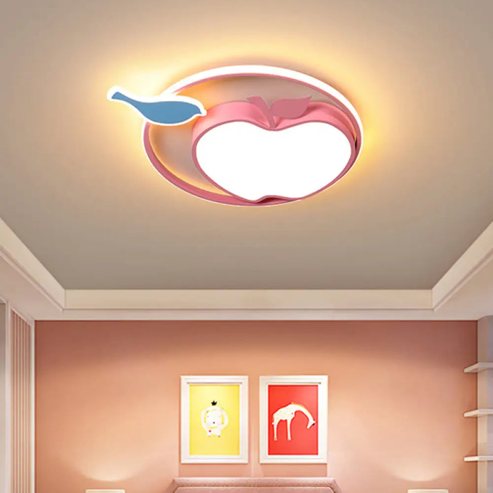 Pink Apple Ceiling Lamp: Cartoon Acrylic Led Flush Mount Fixture For Kids Bedroom (Warm/White