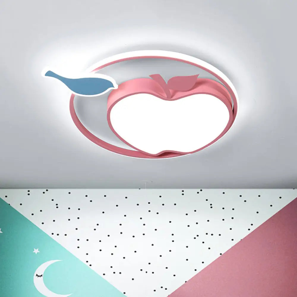 Pink Apple Ceiling Lamp: Cartoon Acrylic Led Flush Mount Fixture For Kids Bedroom (Warm/White