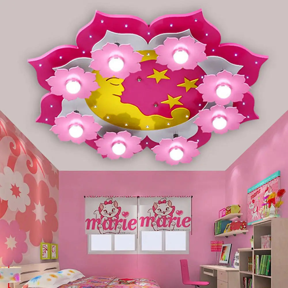 Pink Blossom Ceiling Light With 8 Moon And Star Lights For Girls Bedroom