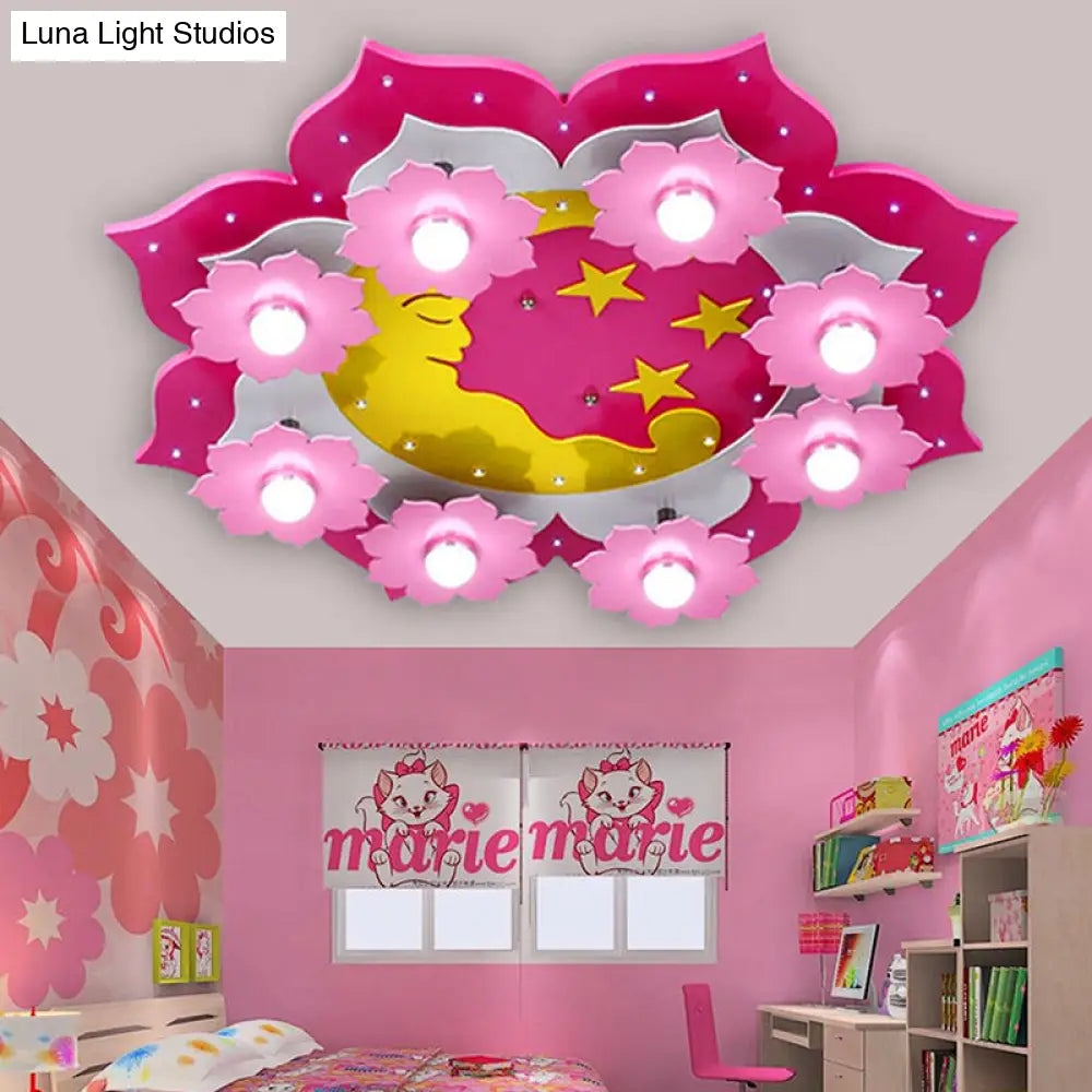 Pink Blossom Ceiling Light With 8 Moon And Star Lights For Girls Bedroom