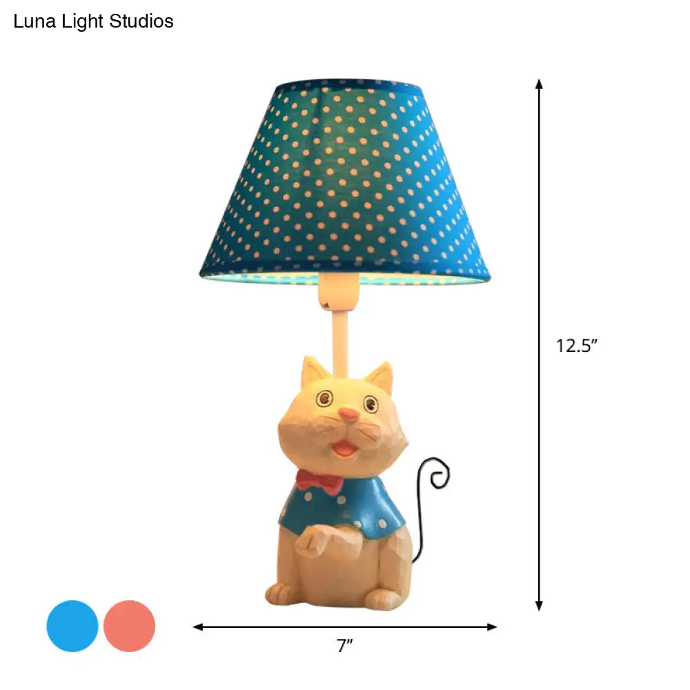 Pink/Blue Cone Reading Book Light: Cartoon Style Fabric Table Lamp With Spot Design And Cat Base