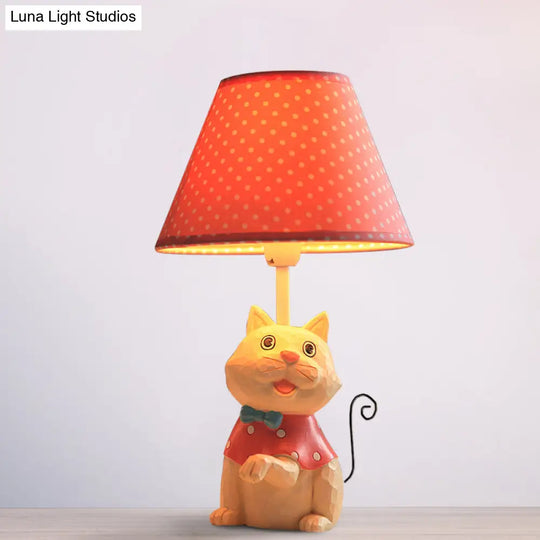 Pink/Blue Cone Reading Book Light: Cartoon Style Fabric Table Lamp With Spot Design And Cat Base