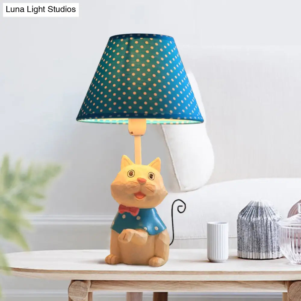 Pink/Blue Cone Reading Book Light: Cartoon Style Fabric Table Lamp With Spot Design And Cat Base