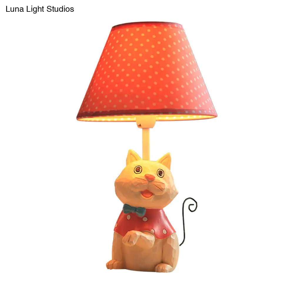 Pink/Blue Cone Reading Book Light: Cartoon Style Fabric Table Lamp With Spot Design And Cat Base