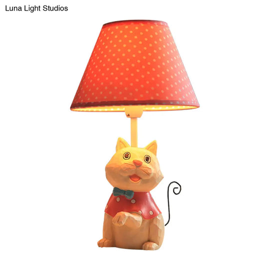 Pink/Blue Cone Reading Book Light: Cartoon Style Fabric Table Lamp With Spot Design And Cat Base