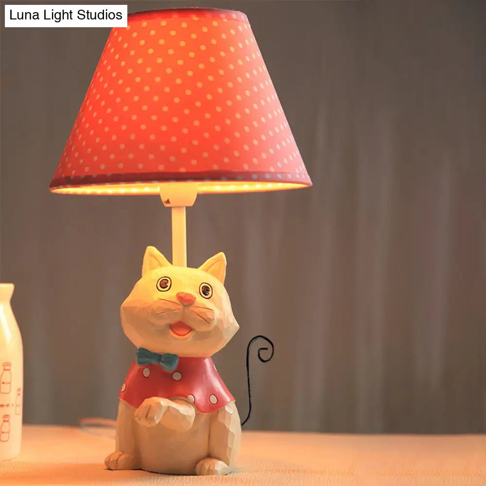 Pink/Blue Cone Reading Book Light: Cartoon Style Fabric Table Lamp With Spot Design And Cat Base