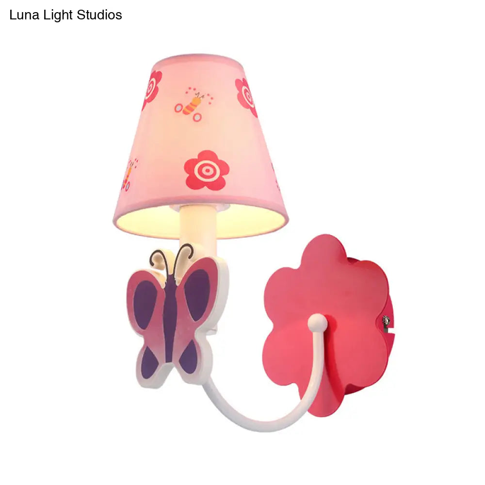 Pink Butterfly Wall Sconce: Cute 1-Light Metal Light With Fabric Shade For Girls Room