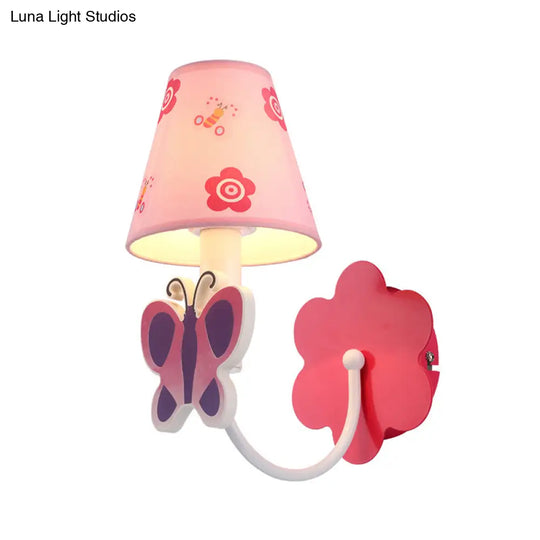 Pink Butterfly Wall Sconce: Cute 1-Light Metal Light With Fabric Shade For Girls Room