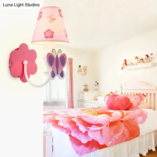 Pink Butterfly Wall Sconce: Cute 1-Light Metal Light With Fabric Shade For Girls Room