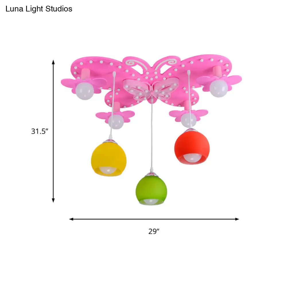 Pink Butterfly Wood Ceiling Lamp: Lovely Semi Flush Mount With 7 Lights For Girls Bedroom