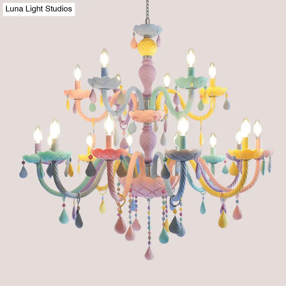 Pink Candle Style Hanging Light Kids Multicolored Glass Chandelier - Perfect For Baby Room