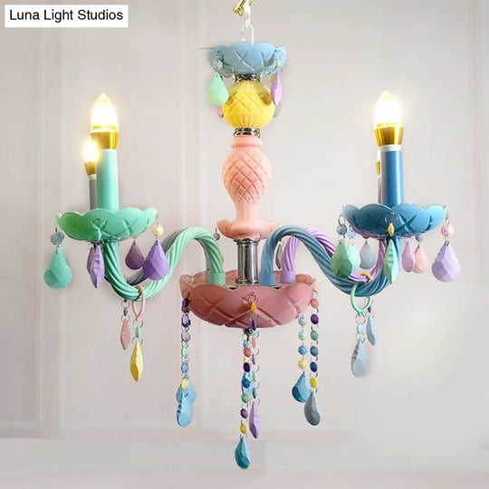 Pink Candle Style Hanging Light Kids Multicolored Glass Chandelier - Perfect For Baby Room