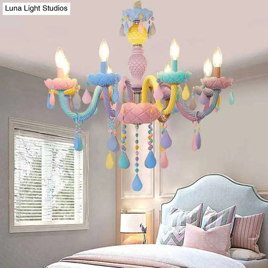 Pink Candle Style Hanging Light Kids Multicolored Glass Chandelier - Perfect For Baby Room