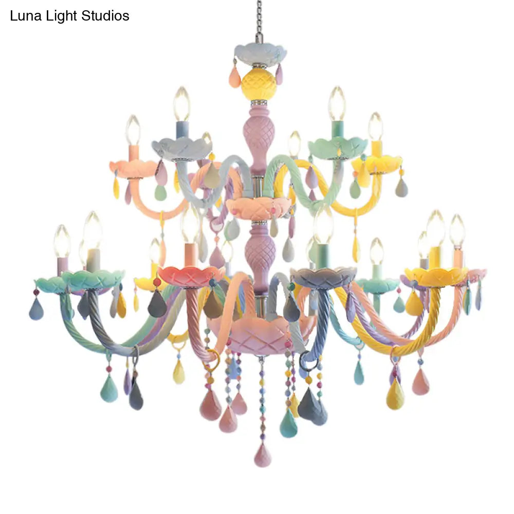 Pink Candle Style Hanging Light Kids Multicolored Glass Chandelier - Perfect For Baby Room