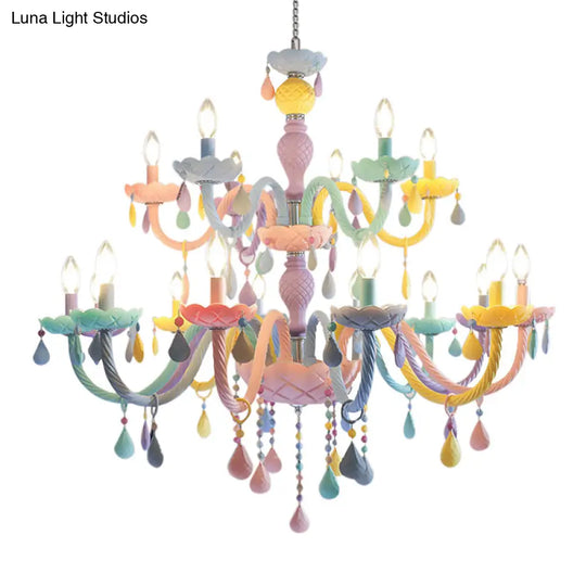 Pink Candle Style Hanging Light Kids Multicolored Glass Chandelier - Perfect For Baby Room