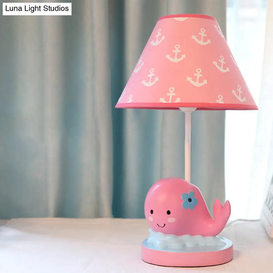 Pink Cartoon Whale Desk Lamp For Bedroom Nightstand - Small Resin With Barrel Fabric Shade