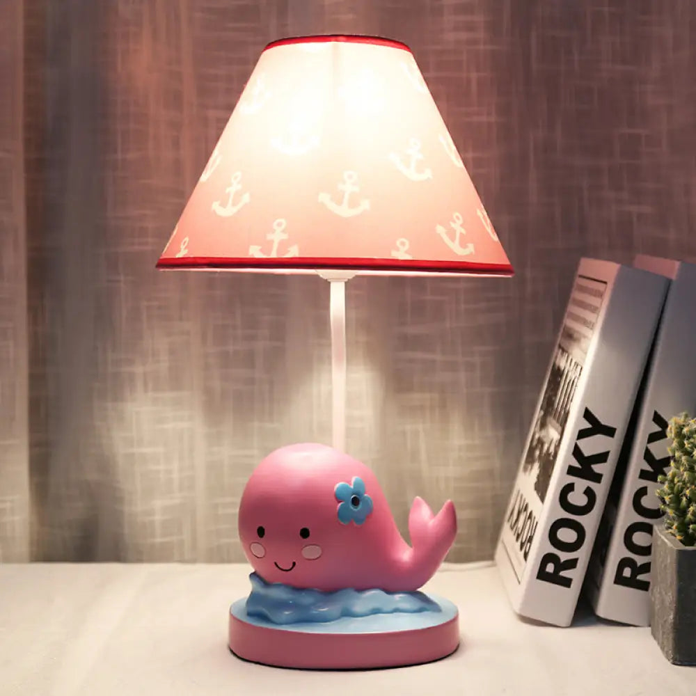 Pink Cartoon Whale Desk Lamp For Bedroom Nightstand - Small Resin With Barrel Fabric Shade