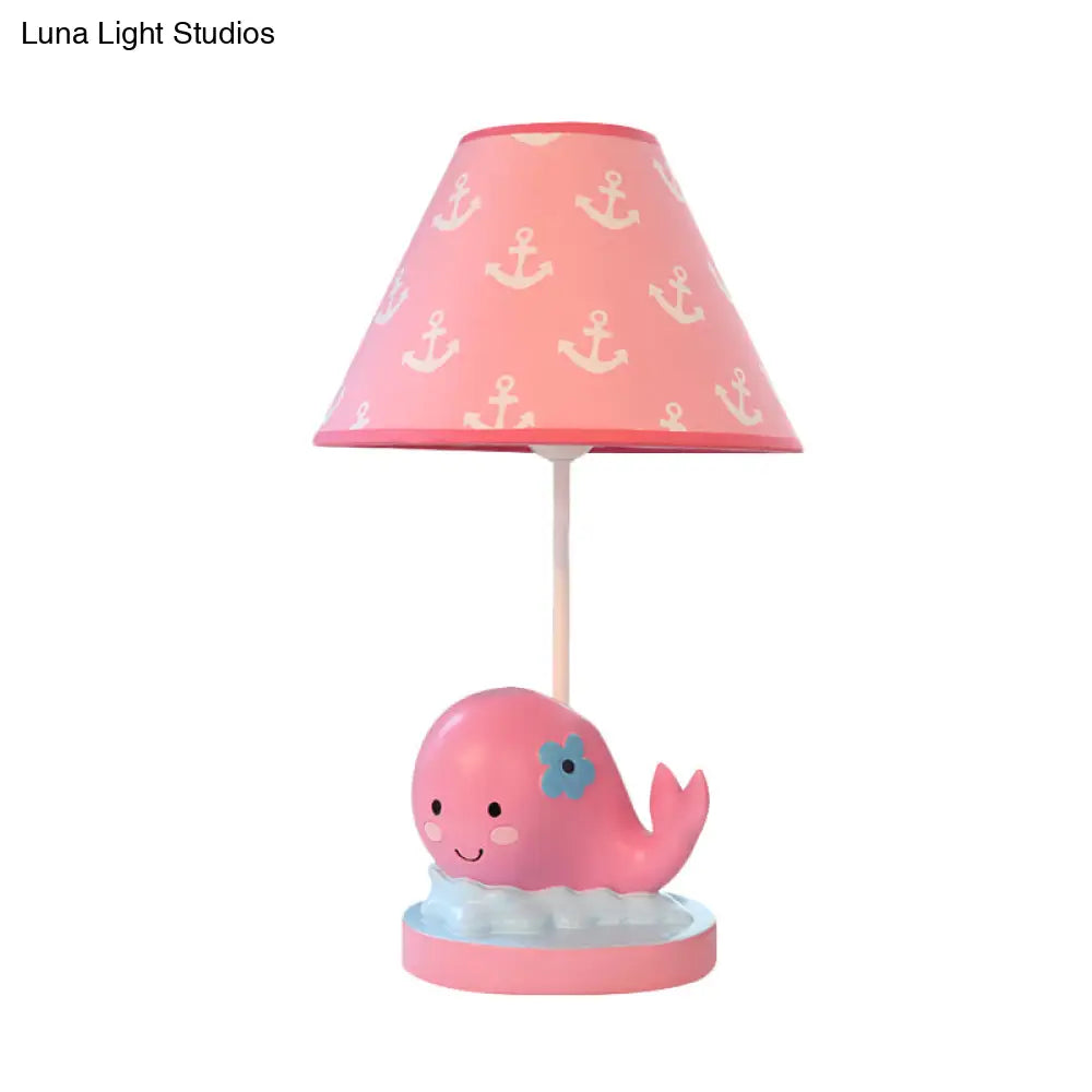 Pink Cartoon Whale Desk Lamp For Bedroom Nightstand - Small Resin With Barrel Fabric Shade