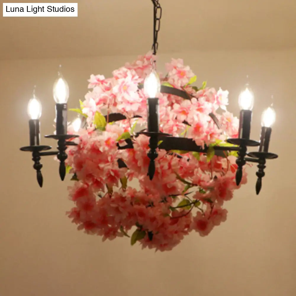 Farmhouse Metal Dining Room Suspension Light Fixture - Pink Cherry Blossom Chandelier 6 /