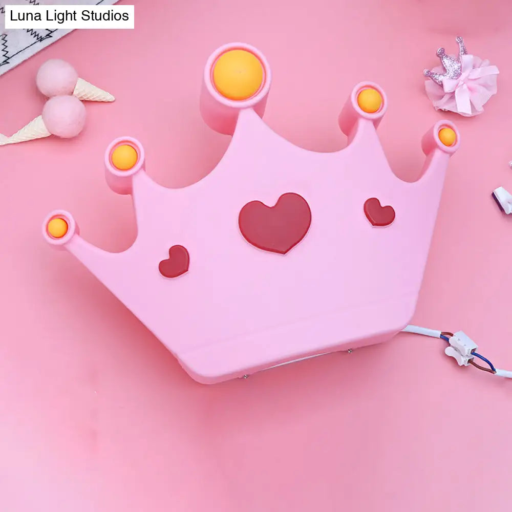 Pink Crown Wall Sconce Light: Cartoon Led Plastic Mount Lamp In Delicate Finish