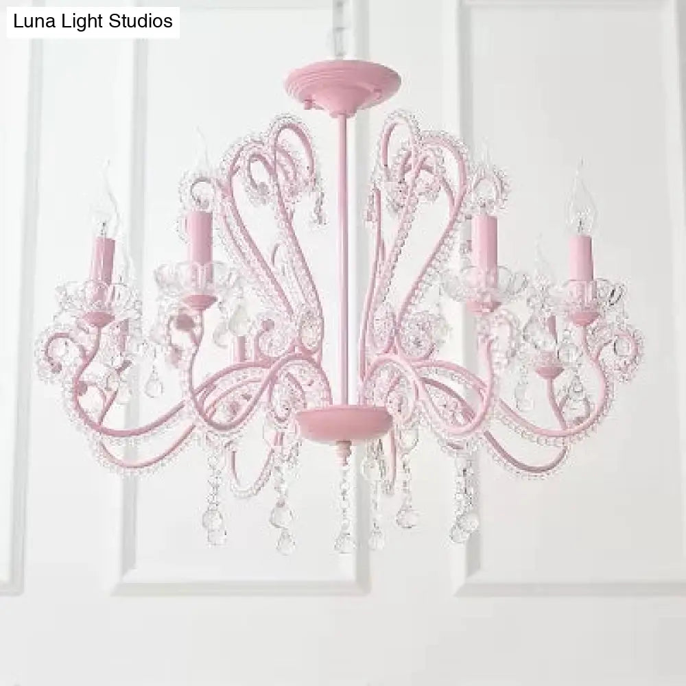 Pink Crystal Bead Metal Chandelier - Modern Hanging Light For Candle Restaurant