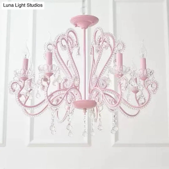 Pink Crystal Bead Metal Chandelier - Modern Hanging Light For Candle Restaurant