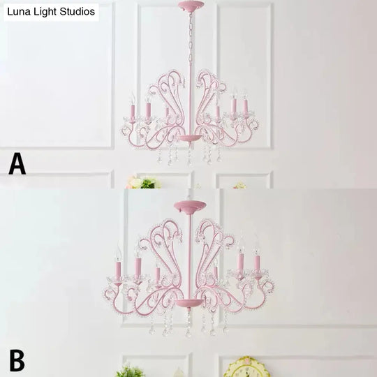 Pink Crystal Bead Metal Chandelier - Modern Hanging Light For Candle Restaurant