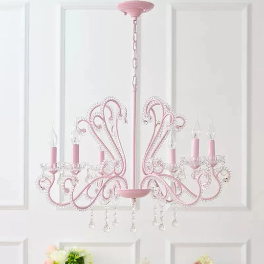 Pink Crystal Bead Metal Chandelier - Modern Hanging Light For Candle Restaurant 6 / A