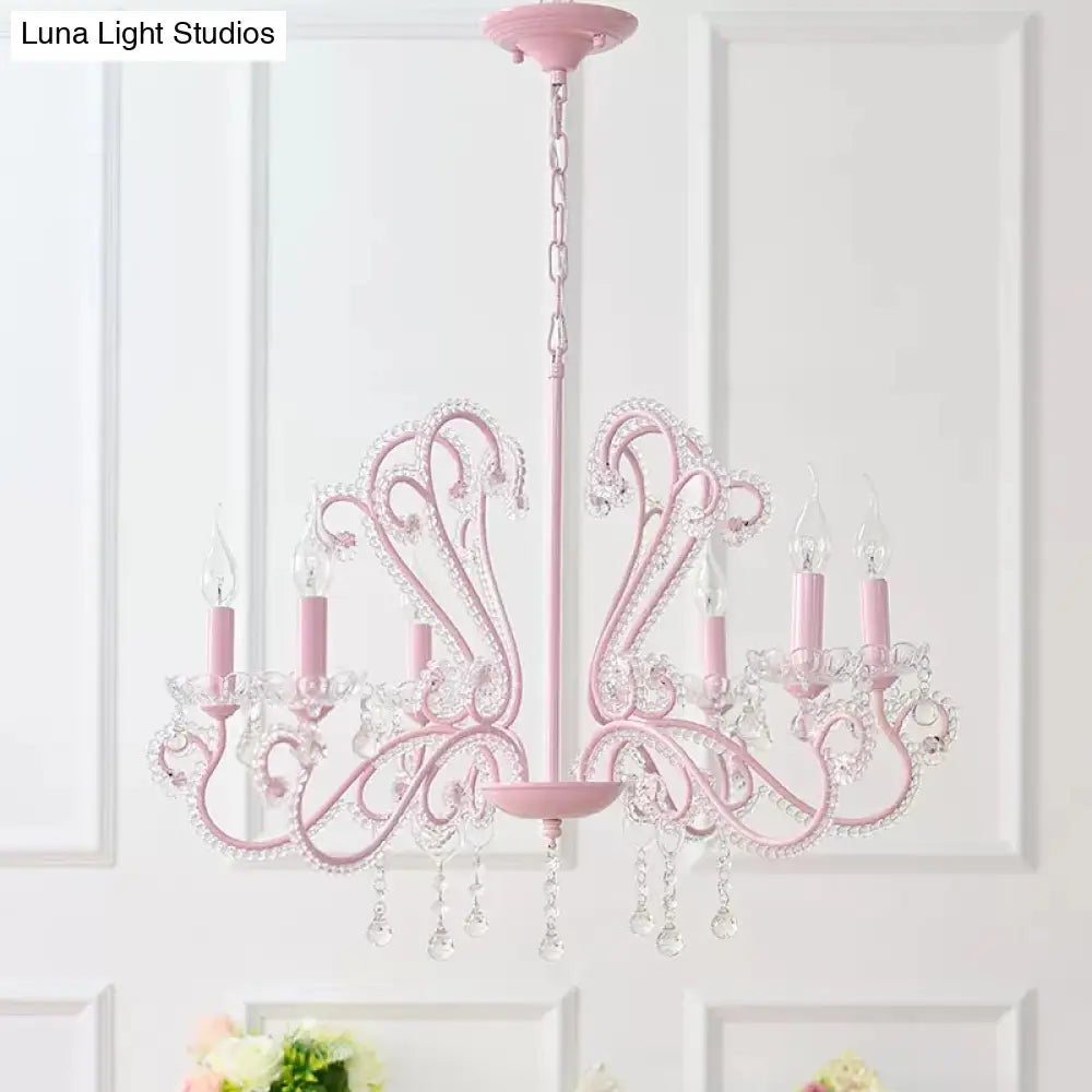 Pink Crystal Bead Metal Chandelier - Modern Hanging Light For Candle Restaurant