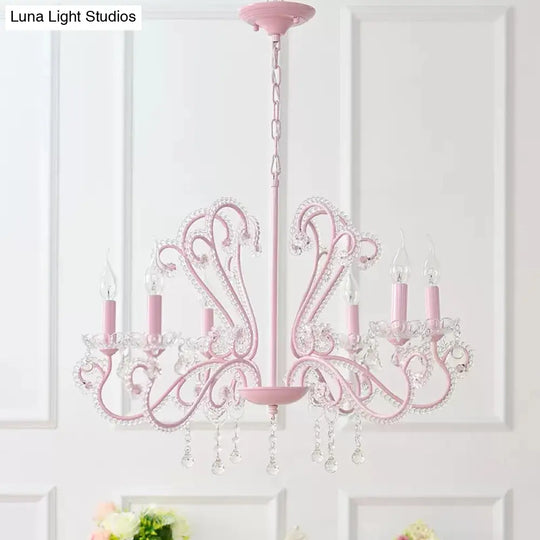 Pink Crystal Bead Metal Chandelier - Modern Hanging Light For Candle Restaurant