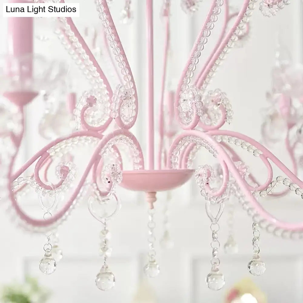 Pink Crystal Bead Metal Chandelier - Modern Hanging Light For Candle Restaurant