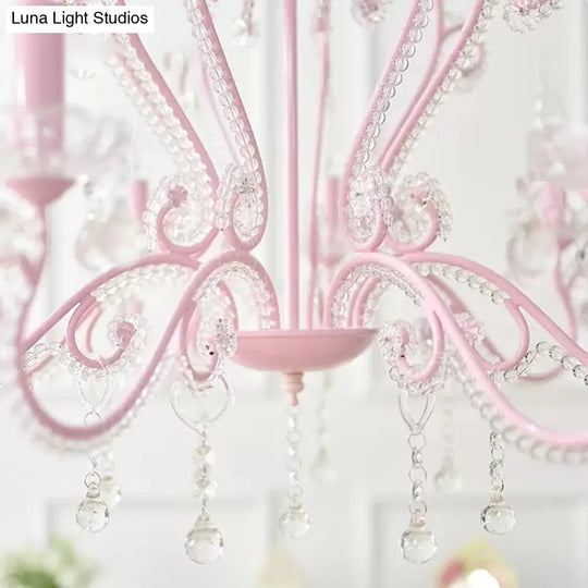 Pink Crystal Bead Metal Chandelier - Modern Hanging Light For Candle Restaurant