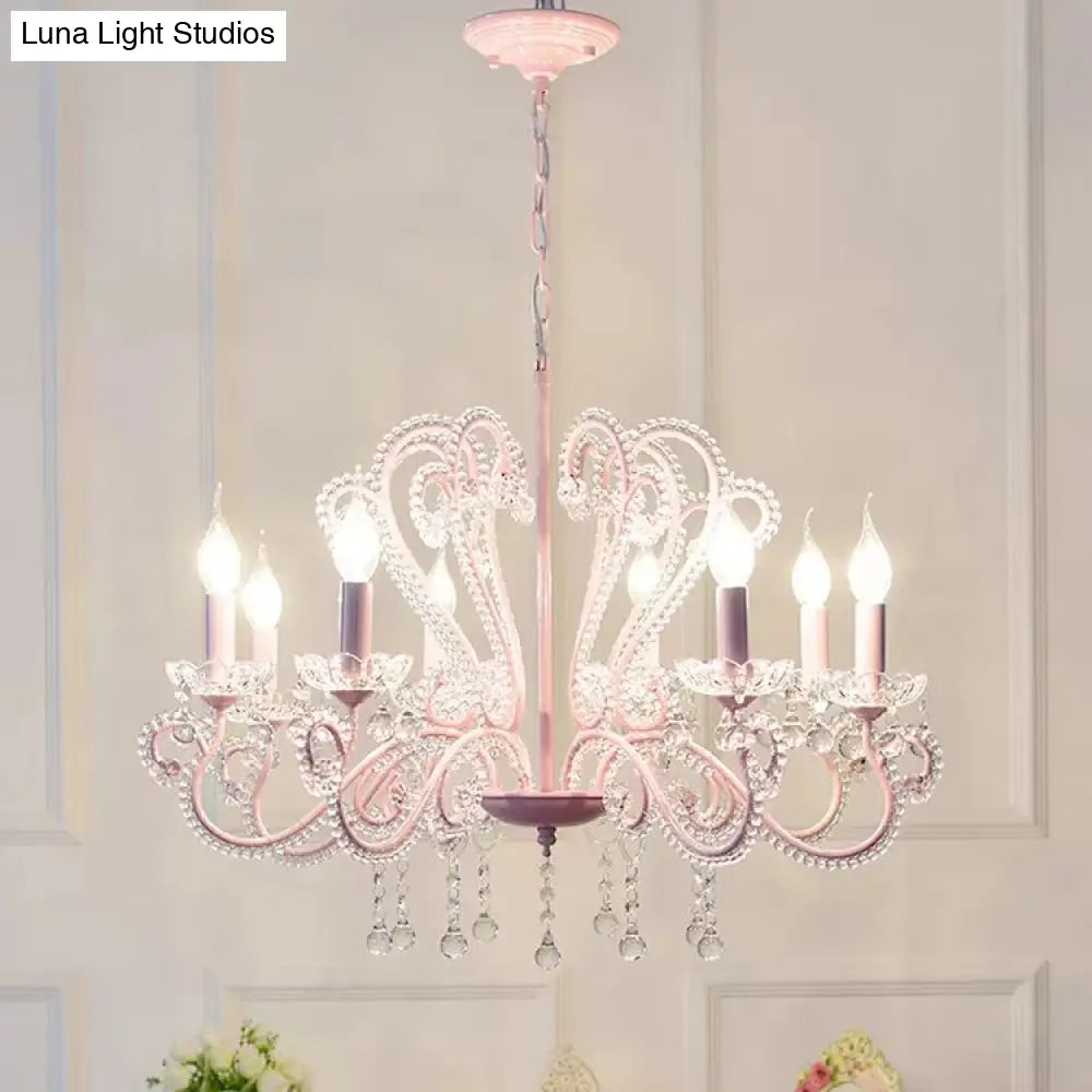 Pink Crystal Bead Metal Chandelier - Modern Hanging Light For Candle Restaurant