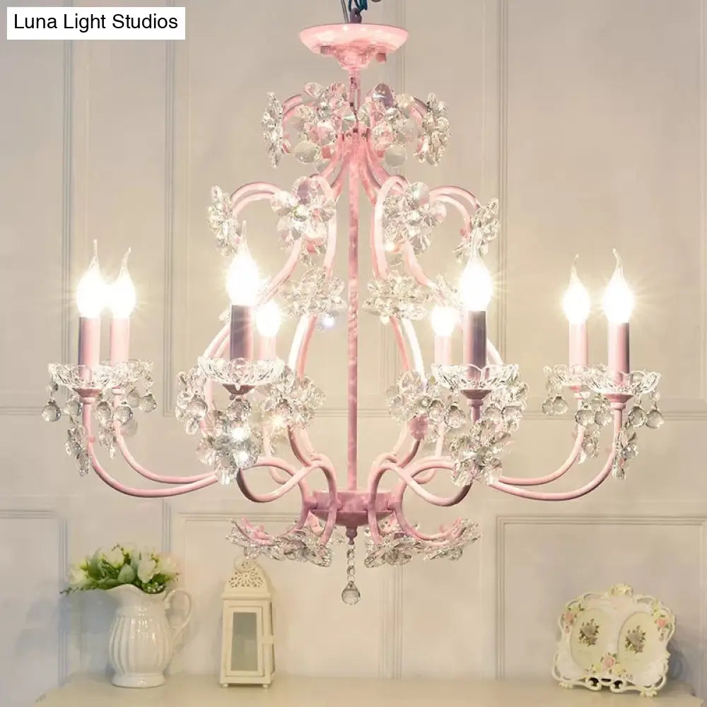 Pink Crystal Kids Metal Chandelier: Candle-Shaped Hanging Light With Clear Crystals For Dining Room