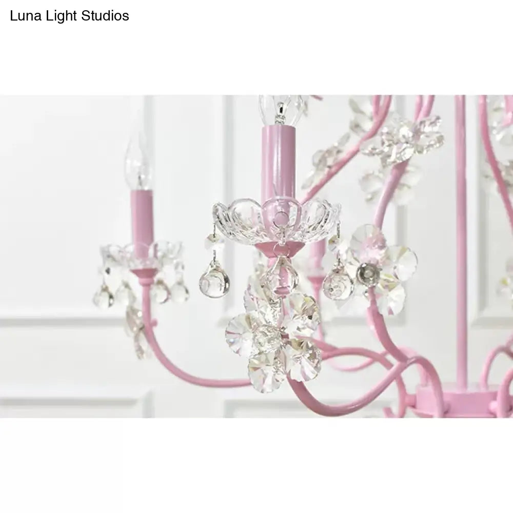 Pink Crystal Kids Metal Chandelier: Candle-Shaped Hanging Light With Clear Crystals For Dining Room