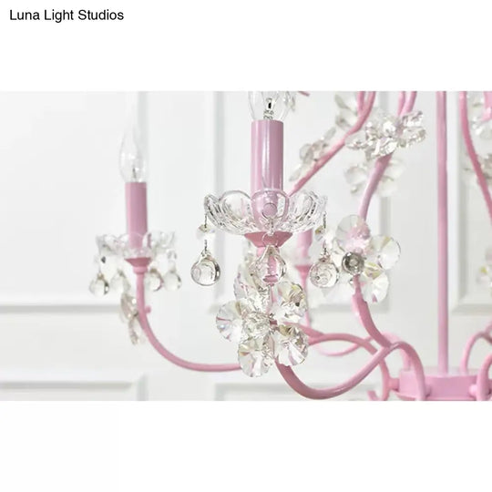 Pink Crystal Kids Metal Chandelier: Candle-Shaped Hanging Light With Clear Crystals For Dining Room