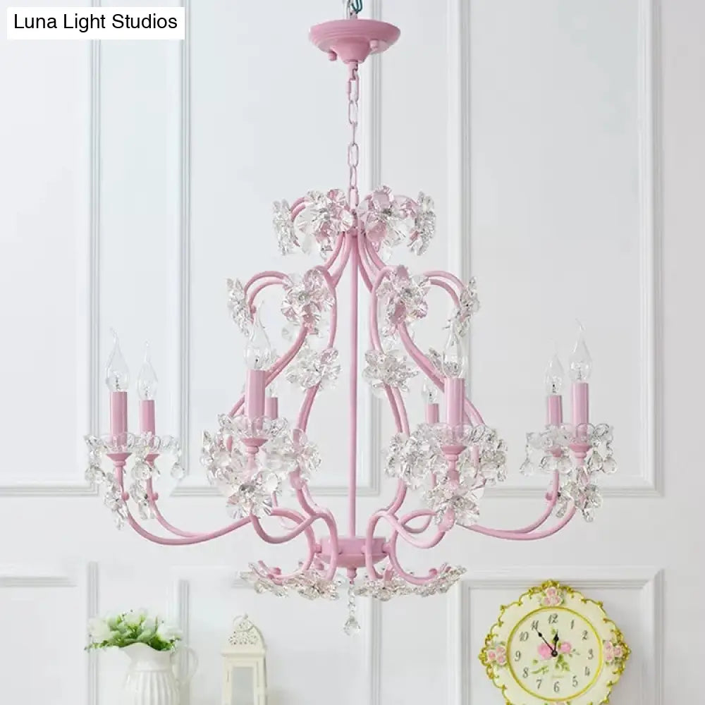 Pink Crystal Kids Metal Chandelier: Candle-Shaped Hanging Light With Clear Crystals For Dining Room