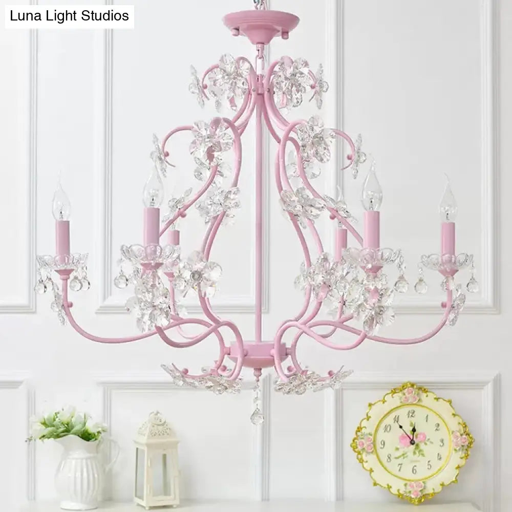 Pink Crystal Kids Metal Chandelier: Candle-Shaped Hanging Light With Clear Crystals For Dining Room