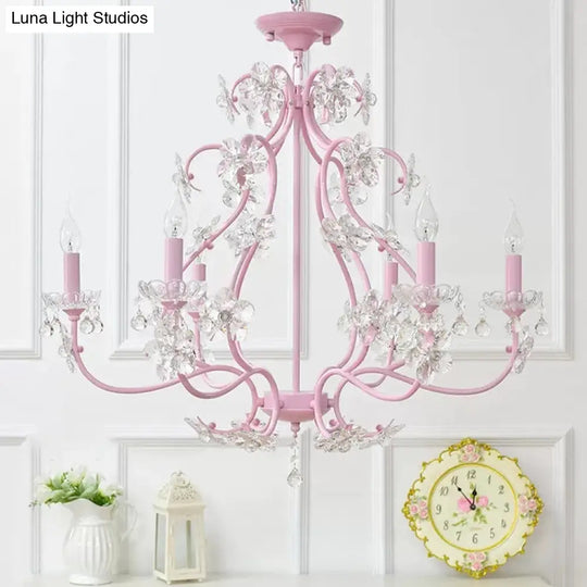 Pink Crystal Kids Metal Chandelier: Candle-Shaped Hanging Light With Clear Crystals For Dining Room