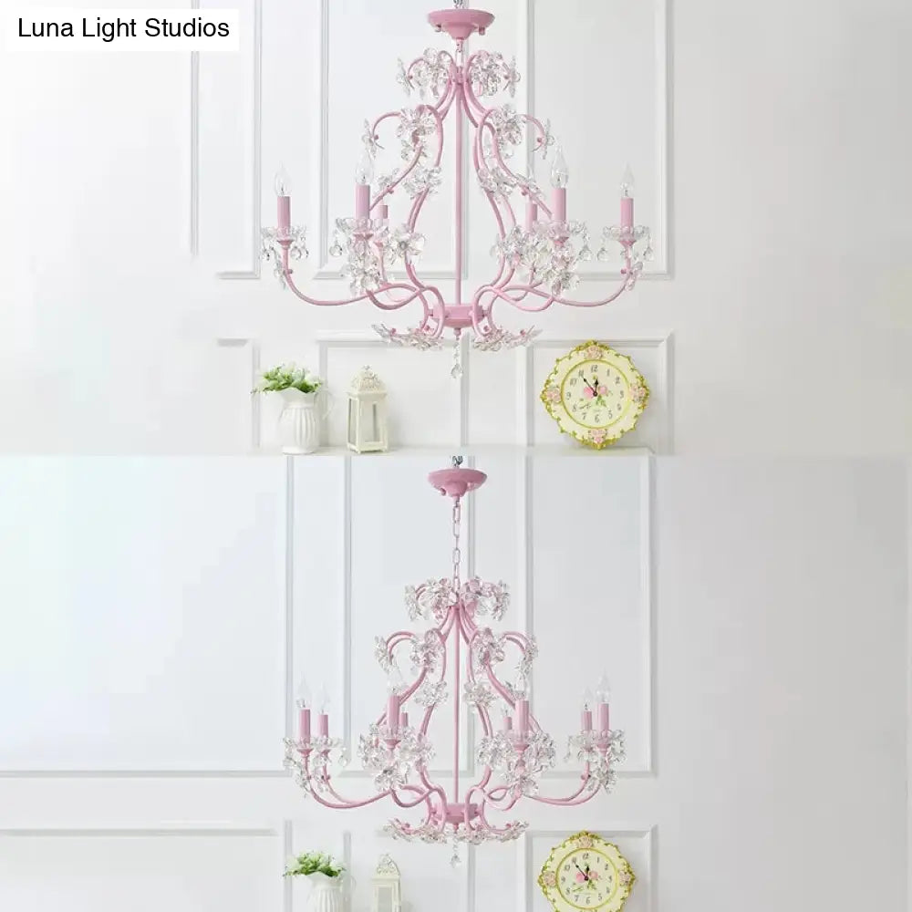 Pink Crystal Kids Metal Chandelier: Candle-Shaped Hanging Light With Clear Crystals For Dining Room