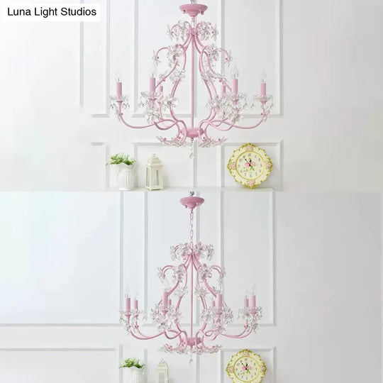 Pink Crystal Kids Metal Chandelier: Candle-Shaped Hanging Light With Clear Crystals For Dining Room